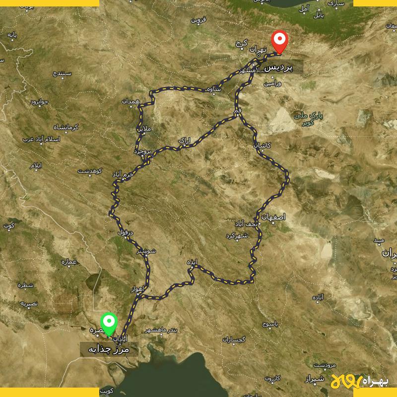 مسافت و فاصله پردیس - تهران تا مرز چذابه - استان خوزستان از ۳ مسیر - مهر ۱۴۰۳