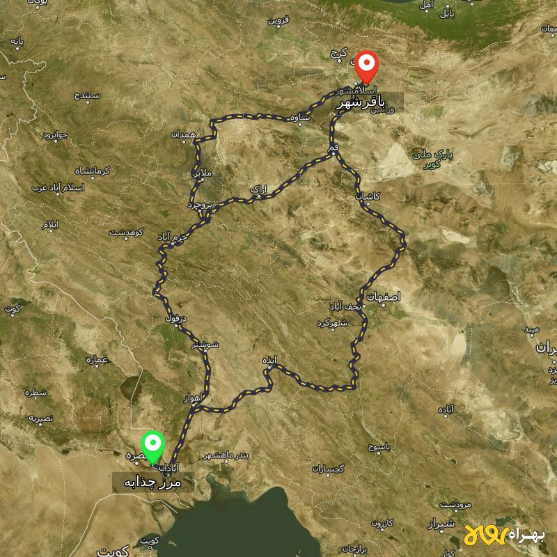 مسافت و فاصله باقرشهر - تهران تا مرز چذابه - استان خوزستان از ۳ مسیر - اردیبهشت ۱۴۰۳