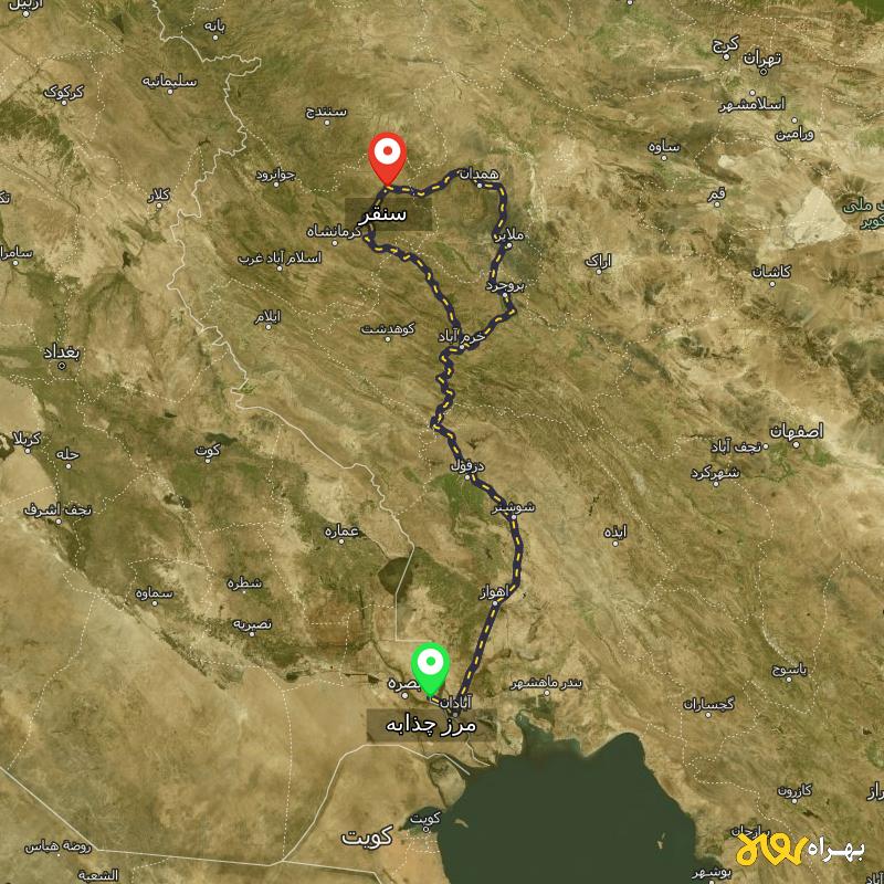 مسافت و فاصله سنقر - کرمانشاه تا مرز چذابه - استان خوزستان از ۲ مسیر - اردیبهشت ۱۴۰۳