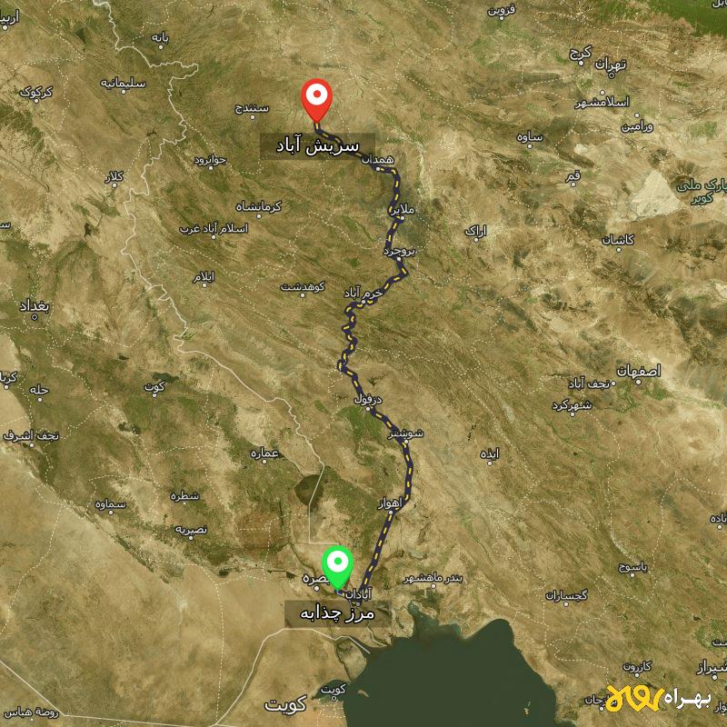 مسافت و فاصله سریش آباد - کردستان تا مرز چذابه - استان خوزستان - اردیبهشت ۱۴۰۳