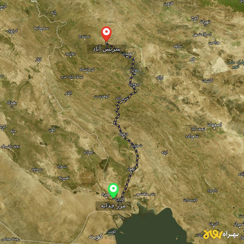 مسافت و فاصله سریش آباد - کردستان تا مرز چذابه - استان خوزستان - دی ۱۴۰۳