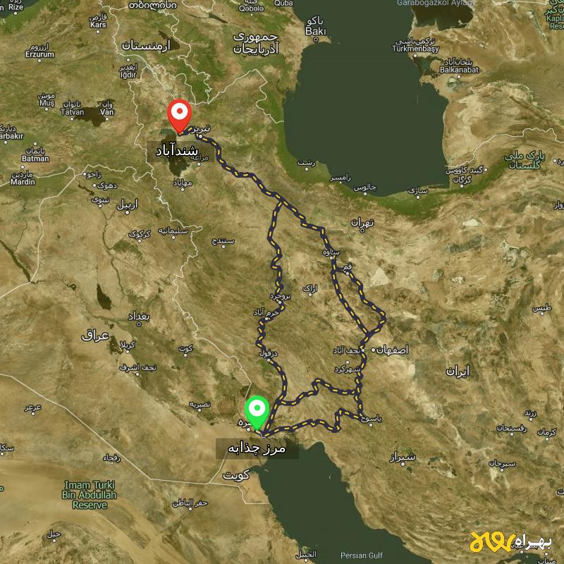 مسافت و فاصله شندآباد - آذربایجان شرقی تا مرز چذابه - استان خوزستان از ۳ مسیر - اردیبهشت ۱۴۰۳