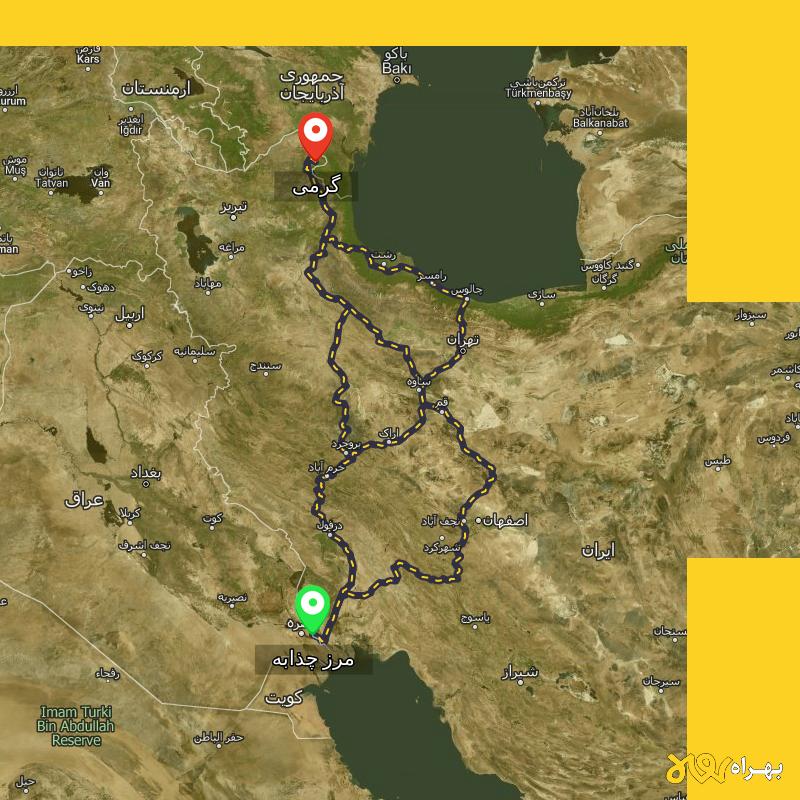 مسافت و فاصله گرمی - اردبیل تا مرز چذابه - استان خوزستان از ۳ مسیر - اردیبهشت ۱۴۰۳