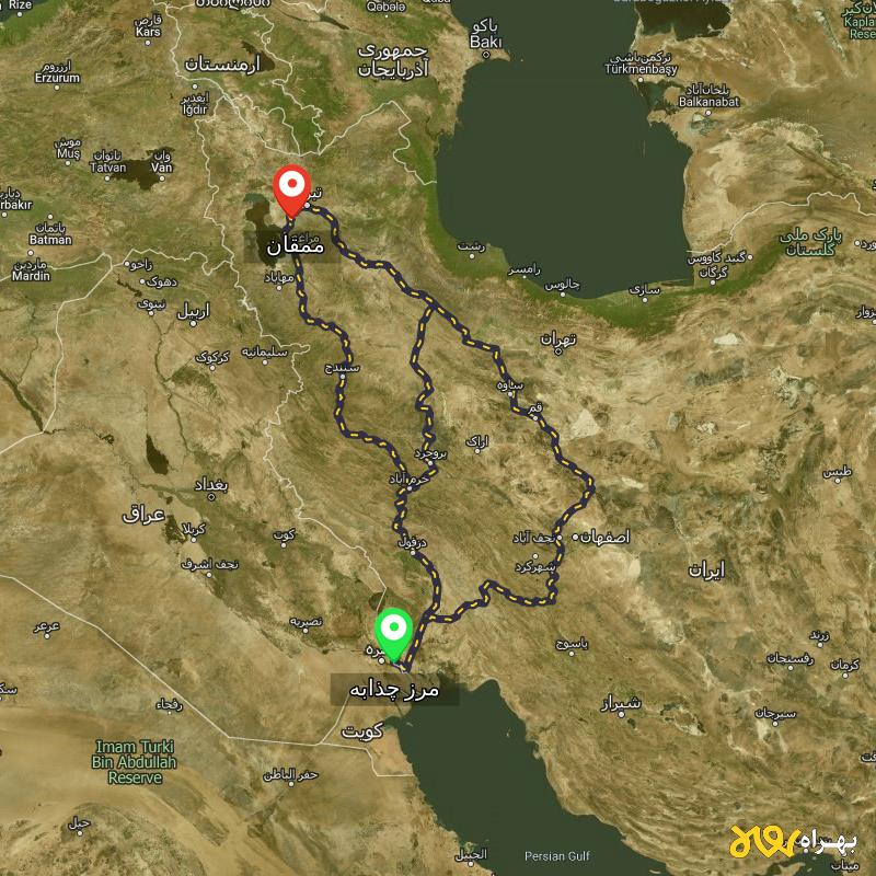 مسافت و فاصله ممقان - آذربایجان شرقی تا مرز چذابه - استان خوزستان از ۳ مسیر - اردیبهشت ۱۴۰۳