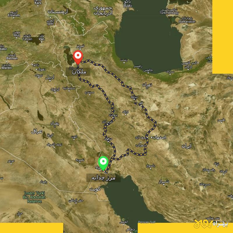 مسافت و فاصله ملکان - آذربایجان شرقی تا مرز چذابه - استان خوزستان از ۲ مسیر - آذر ۱۴۰۳