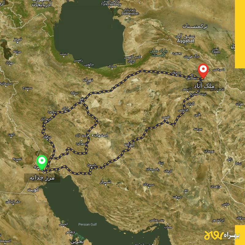 مسافت و فاصله ملک آباد - خراسان رضوی تا مرز چذابه - استان خوزستان از ۳ مسیر - شهریور ۱۴۰۳