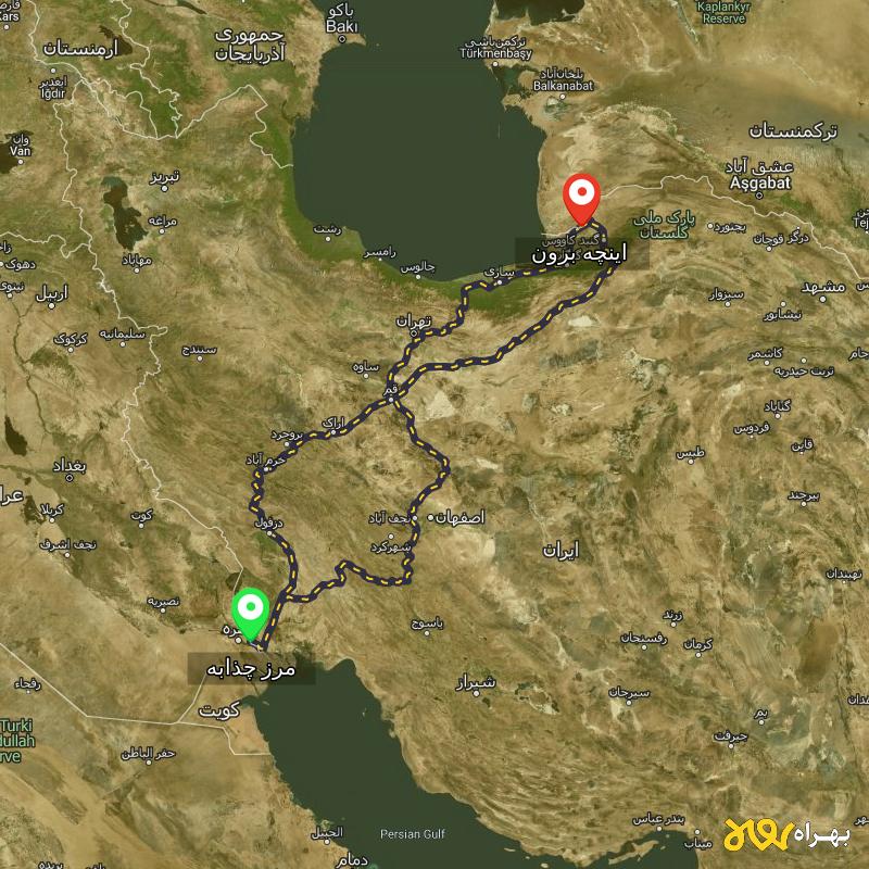 مسافت و فاصله اینچه برون - گلستان تا مرز چذابه - استان خوزستان از ۳ مسیر - اردیبهشت ۱۴۰۳