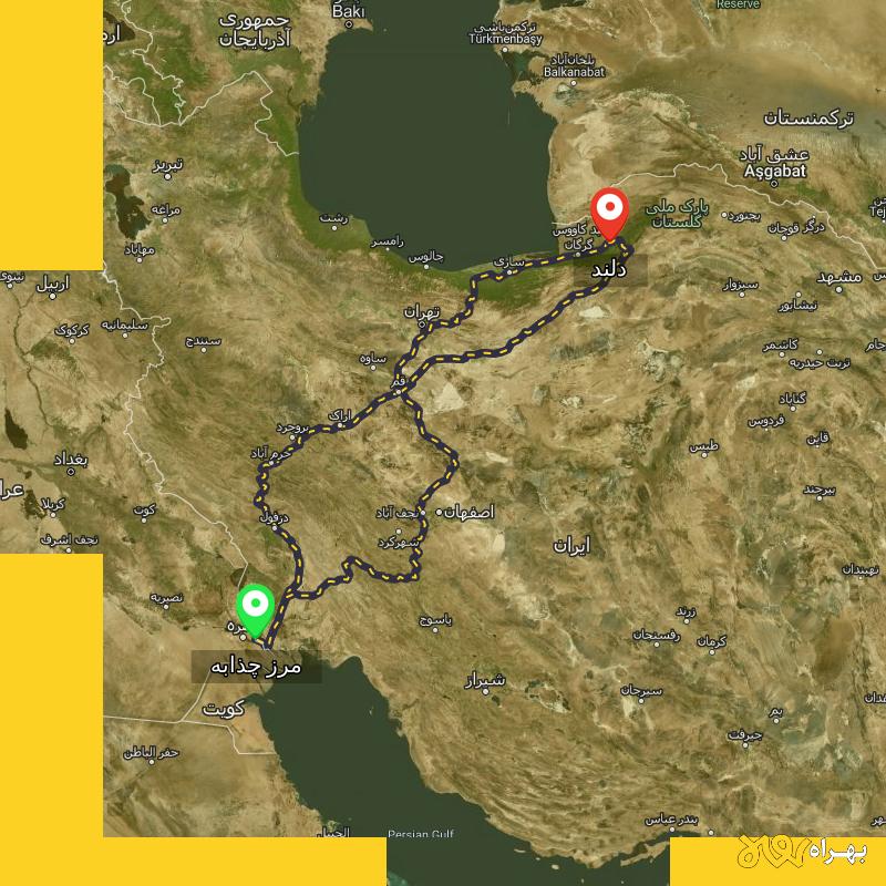 مسافت و فاصله دلند - گلستان تا مرز چذابه - استان خوزستان از ۳ مسیر - اردیبهشت ۱۴۰۳