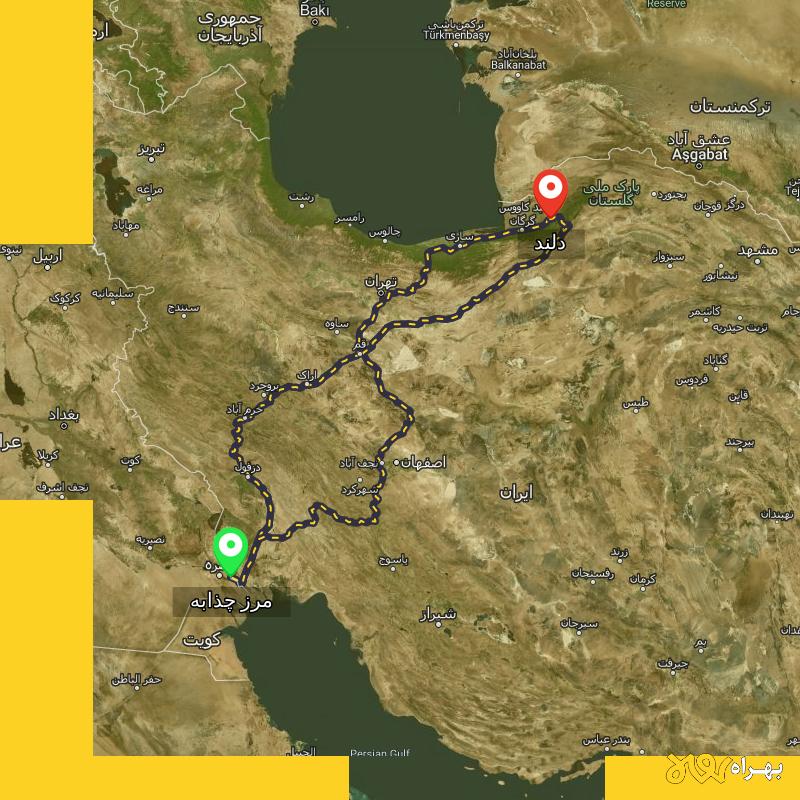 مسافت و فاصله دلند - گلستان تا مرز چذابه - استان خوزستان از ۳ مسیر - دی ۱۴۰۳