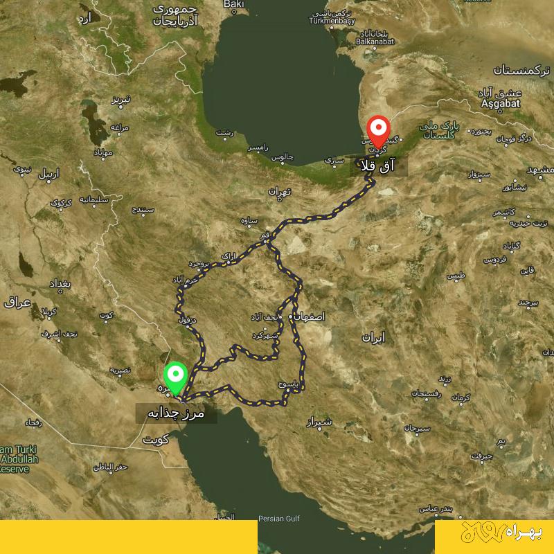 مسافت و فاصله آق قلا - گلستان تا مرز چذابه - استان خوزستان از ۳ مسیر - اردیبهشت ۱۴۰۳