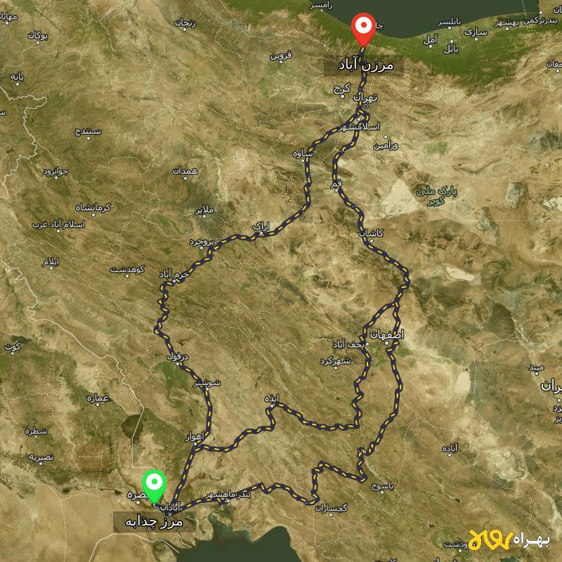مسافت و فاصله مرزن آباد - مازندران تا مرز چذابه - استان خوزستان از ۳ مسیر - اردیبهشت ۱۴۰۳