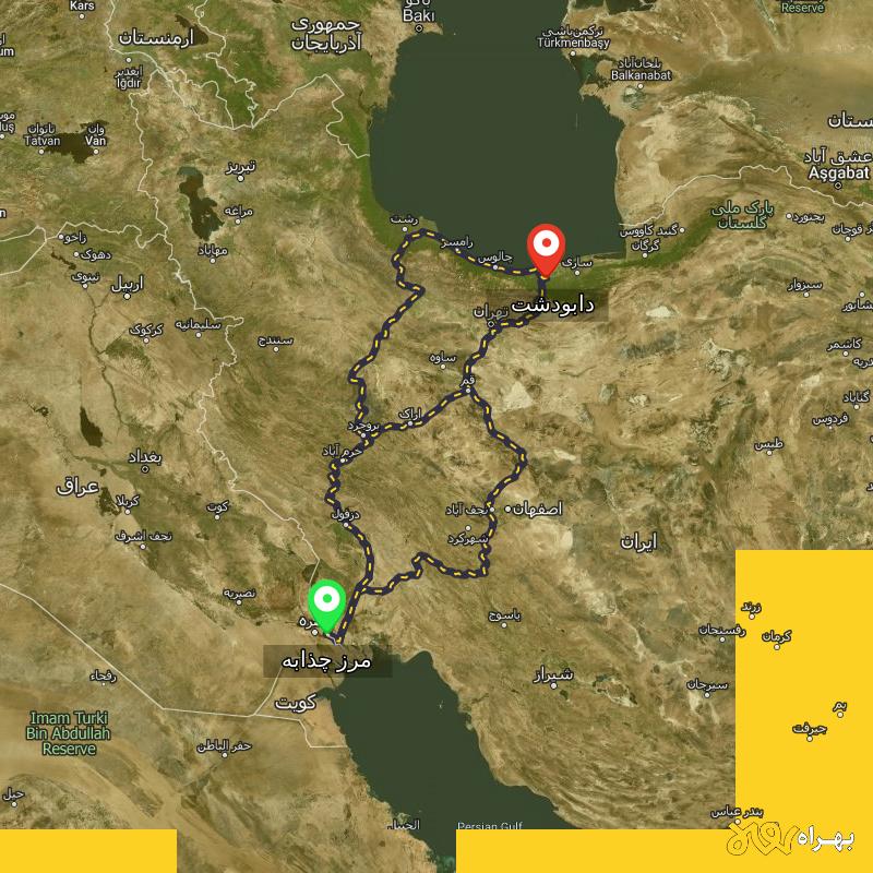مسافت و فاصله دابودشت - مازندران تا مرز چذابه - استان خوزستان از ۳ مسیر - شهریور ۱۴۰۳