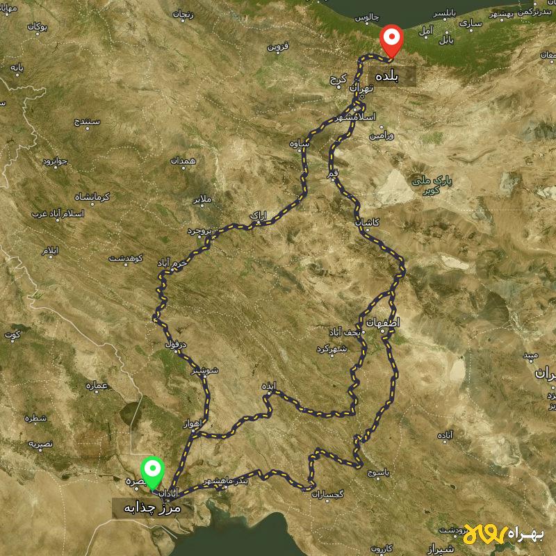 مسافت و فاصله بلده - مازندران تا مرز چذابه - استان خوزستان از ۳ مسیر - اردیبهشت ۱۴۰۳
