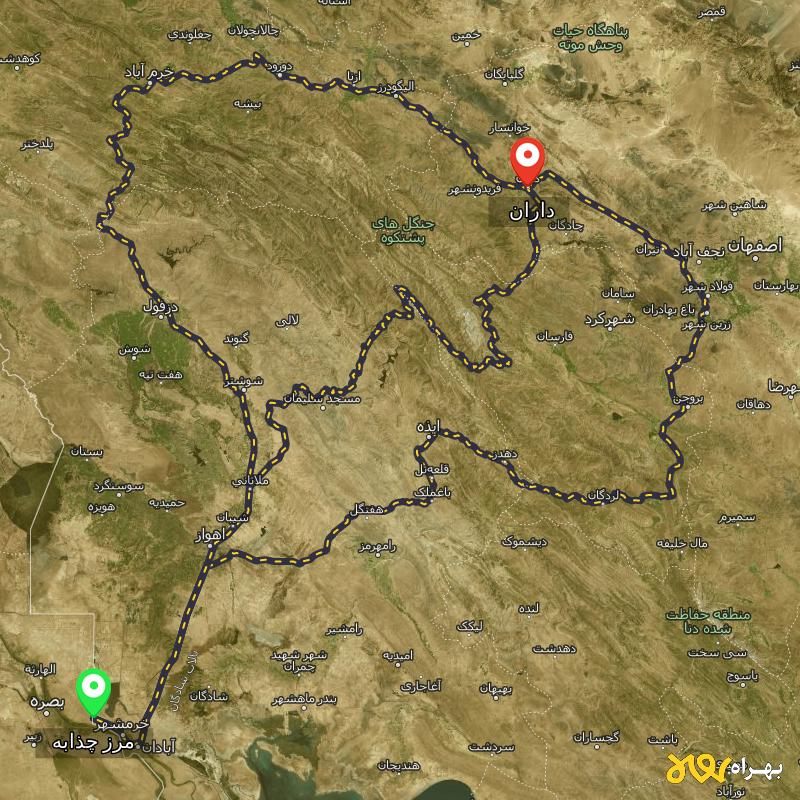 مسافت و فاصله داران - اصفهان تا مرز چذابه - استان خوزستان از ۳ مسیر - مهر ۱۴۰۳