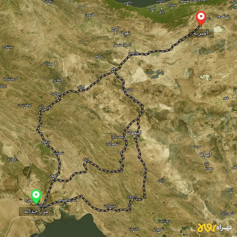 مسافت و فاصله امیریه - سمنان تا مرز چذابه - استان خوزستان از ۳ مسیر - مرداد ۱۴۰۳