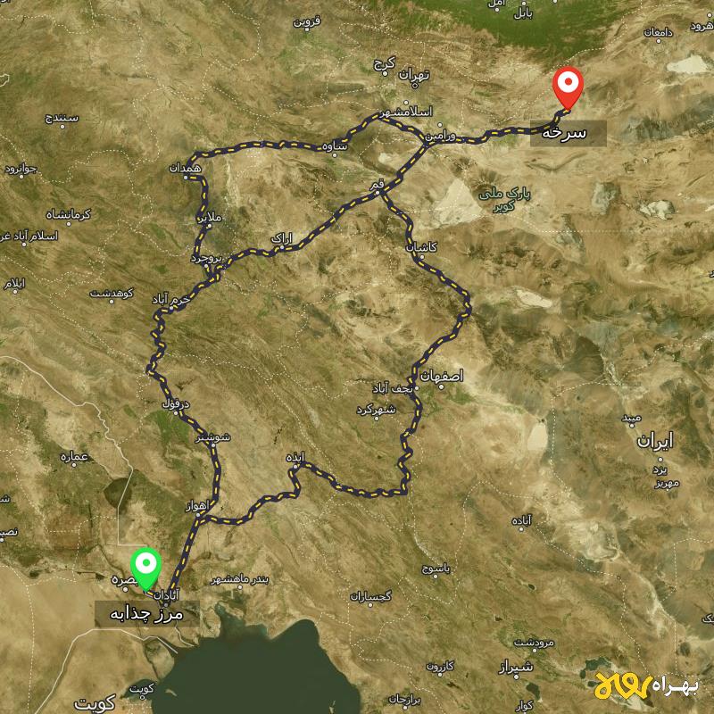 مسافت و فاصله سرخه - سمنان تا مرز چذابه - استان خوزستان از ۳ مسیر - مرداد ۱۴۰۳
