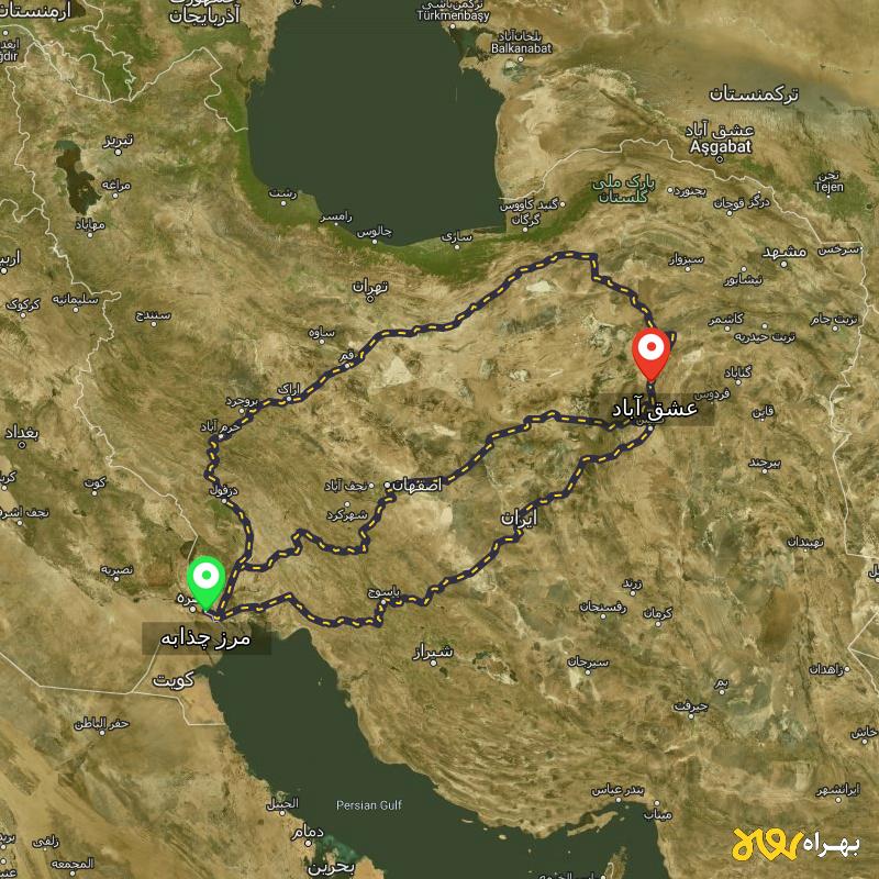 مسافت و فاصله عشق آباد - خراسان جنوبی تا مرز چذابه - استان خوزستان از ۳ مسیر - اردیبهشت ۱۴۰۳