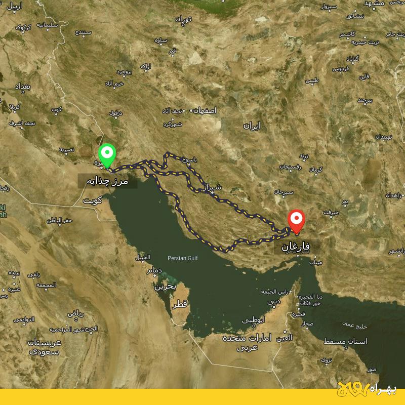 مسافت و فاصله فارغان - هرمزگان تا مرز چذابه - استان خوزستان از ۳ مسیر - اردیبهشت ۱۴۰۳