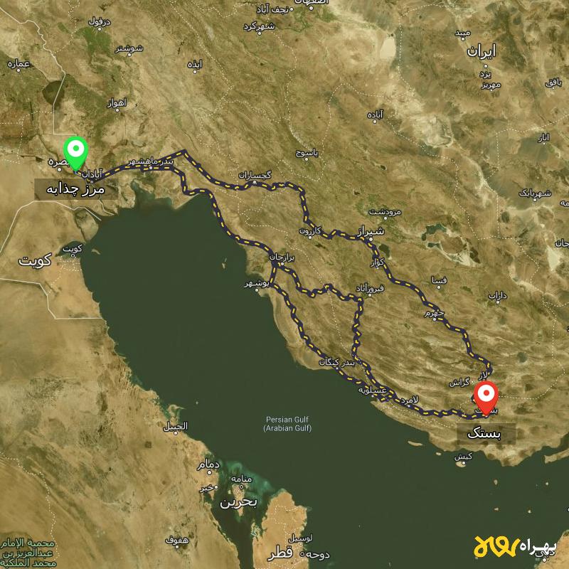 مسافت و فاصله بستک - هرمزگان تا مرز چذابه - استان خوزستان از ۳ مسیر - اردیبهشت ۱۴۰۳
