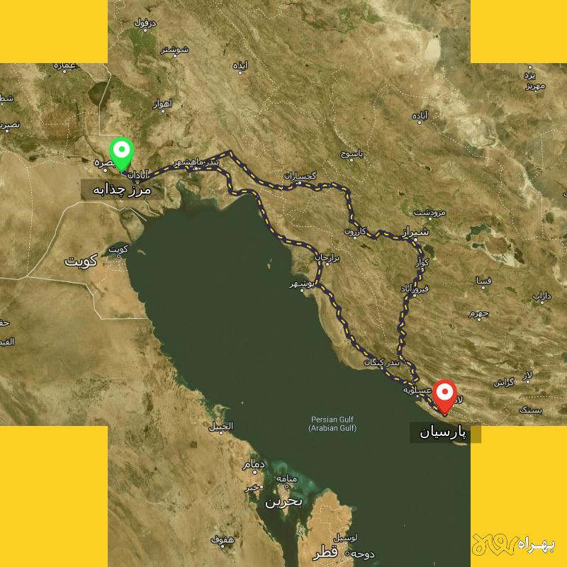 مسافت و فاصله پارسیان - هرمزگان تا مرز چذابه - استان خوزستان از ۲ مسیر - اردیبهشت ۱۴۰۳