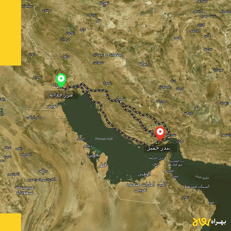 مسافت و فاصله بندر خمیر - هرمزگان تا مرز چذابه - استان خوزستان از ۳ مسیر - اردیبهشت ۱۴۰۳