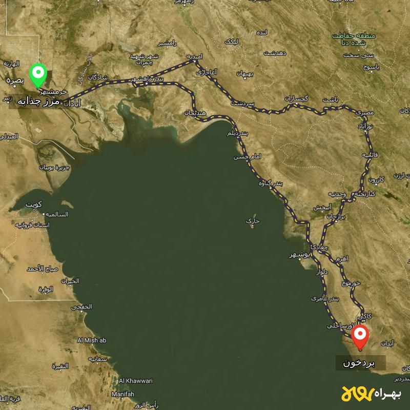 مسافت و فاصله بردخون - بوشهر تا مرز چذابه - استان خوزستان از ۲ مسیر - مرداد ۱۴۰۳