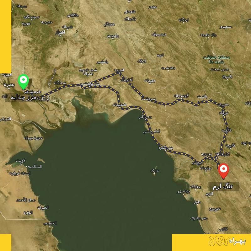 مسافت و فاصله تنگ ارم - بوشهر تا مرز چذابه - استان خوزستان از ۲ مسیر - اردیبهشت ۱۴۰۳