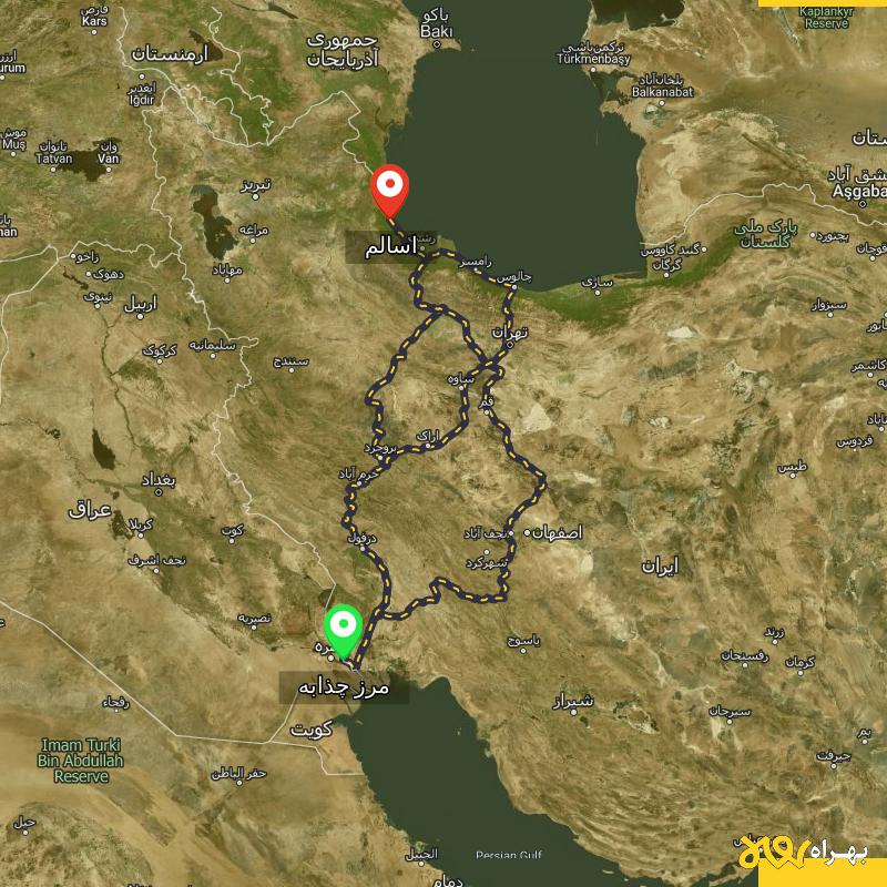 مسافت و فاصله اسالم - گیلان تا مرز چذابه - استان خوزستان از ۳ مسیر - اردیبهشت ۱۴۰۳
