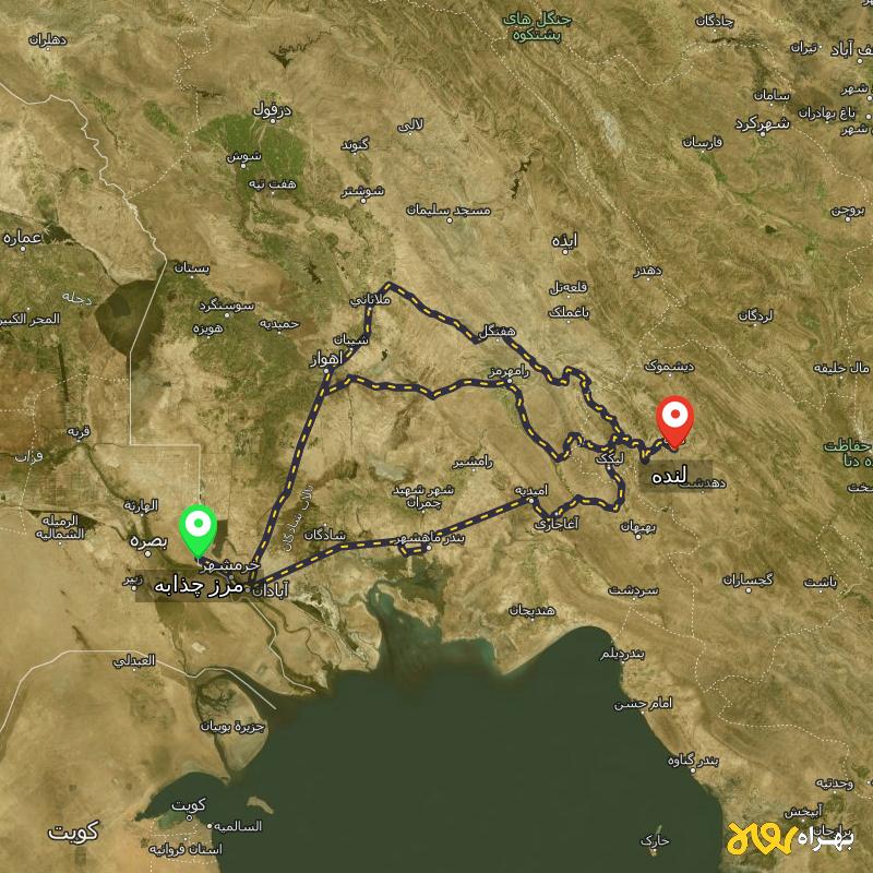 مسافت و فاصله لنده - کهگیلویه و بویر احمد تا مرز چذابه - استان خوزستان از ۳ مسیر - اردیبهشت ۱۴۰۳