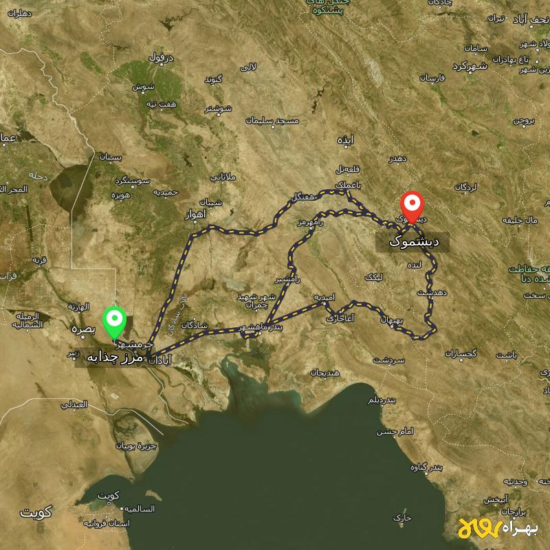 مسافت و فاصله دیشموک - کهگیلویه و بویر احمد تا مرز چذابه - استان خوزستان از ۳ مسیر - اردیبهشت ۱۴۰۳