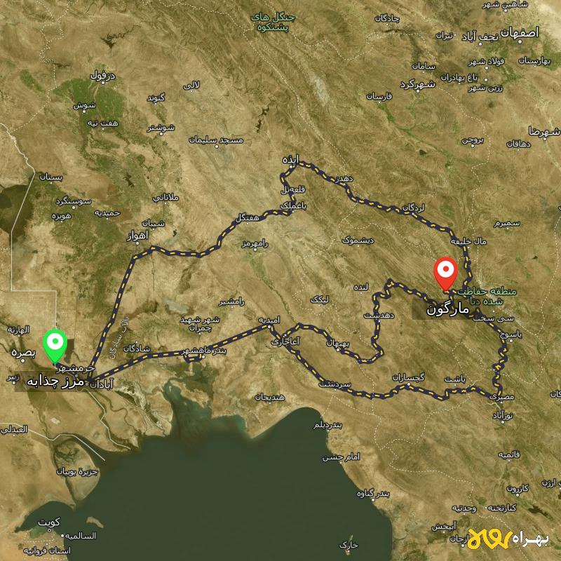 مسافت و فاصله مارگون - کهگیلویه و بویر احمد تا مرز چذابه - استان خوزستان از ۳ مسیر - اردیبهشت ۱۴۰۳