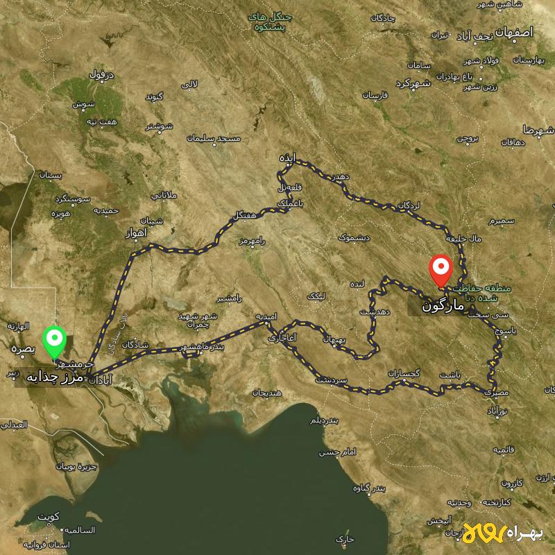 مسافت و فاصله مارگون - کهگیلویه و بویر احمد تا مرز چذابه - استان خوزستان از ۳ مسیر - آبان ۱۴۰۳