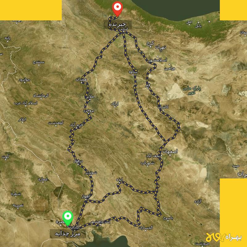 مسافت و فاصله جیرنده - گیلان تا مرز چذابه - استان خوزستان از ۳ مسیر - اردیبهشت ۱۴۰۳