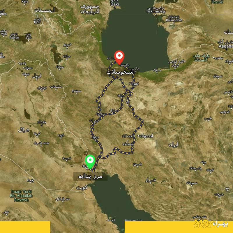 مسافت و فاصله شبخوسلات - گیلان تا مرز چذابه - استان خوزستان از ۳ مسیر - اردیبهشت ۱۴۰۳