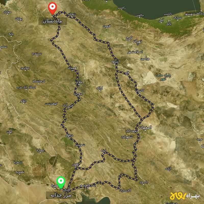 مسافت و فاصله ماه نشان - زنجان تا مرز چذابه - استان خوزستان از ۳ مسیر - اردیبهشت ۱۴۰۳