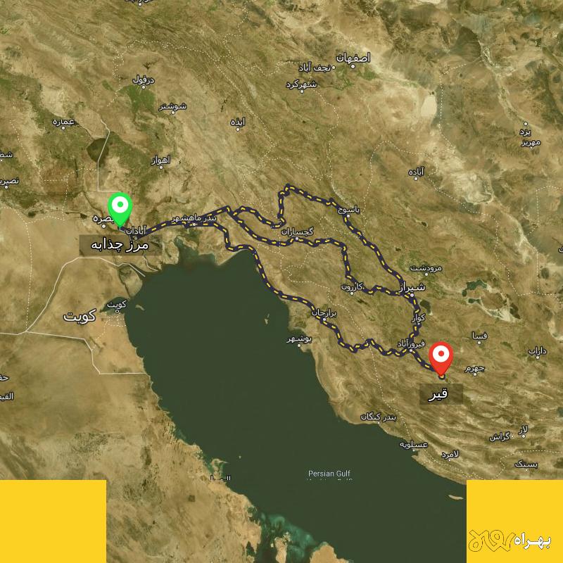 مسافت و فاصله قیر - فارس تا مرز چذابه - استان خوزستان از ۳ مسیر - شهریور ۱۴۰۳