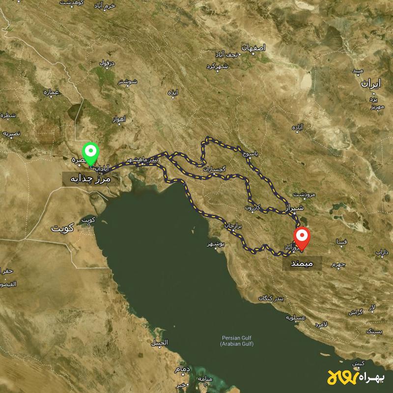مسافت و فاصله میمند - فارس تا مرز چذابه - استان خوزستان از ۳ مسیر - اردیبهشت ۱۴۰۳