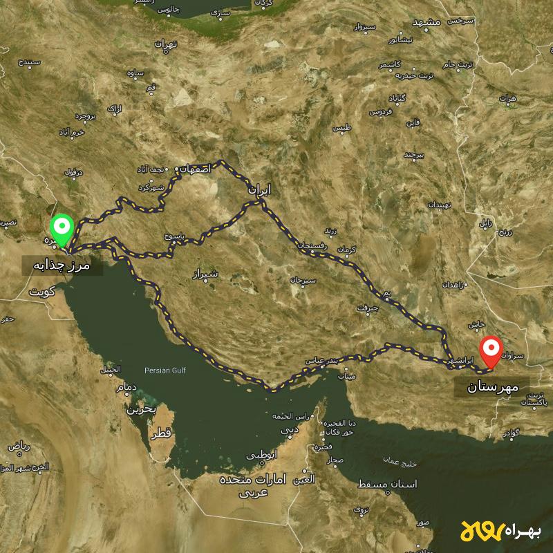 مسافت و فاصله مهرستان - سیستان و بلوچستان تا مرز چذابه - استان خوزستان از ۳ مسیر - اردیبهشت ۱۴۰۳