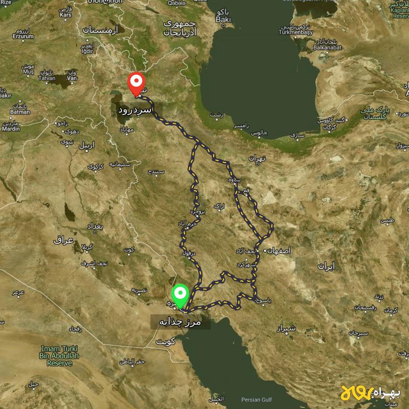 مسافت و فاصله سردرود - آذربایجان شرقی تا مرز چذابه - استان خوزستان از ۳ مسیر - اردیبهشت ۱۴۰۳