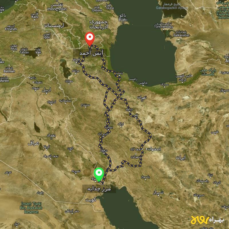 مسافت و فاصله آبش احمد - آذربایجان شرقی تا مرز چذابه - استان خوزستان از ۳ مسیر - اردیبهشت ۱۴۰۳