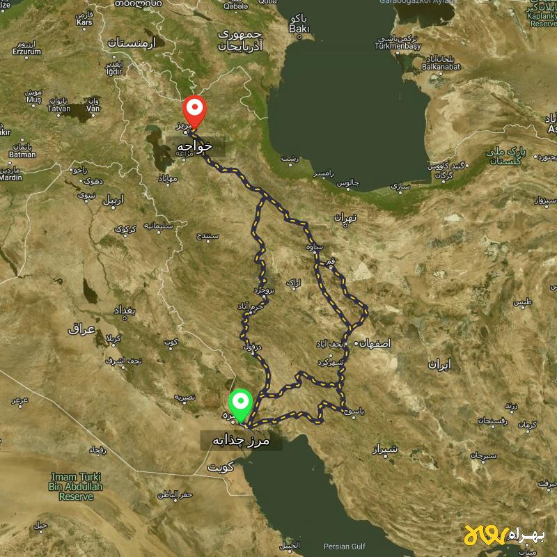 مسافت و فاصله خواجه - آذربایجان شرقی تا مرز چذابه - استان خوزستان از ۳ مسیر - اردیبهشت ۱۴۰۳