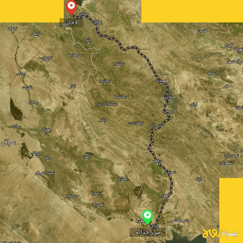 مسافت و فاصله لاجان - آذربایجان غربی تا مرز چذابه - استان خوزستان - اردیبهشت ۱۴۰۳