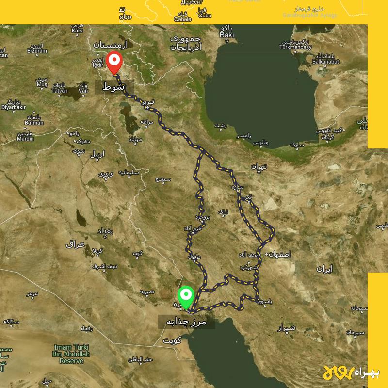 مسافت و فاصله شوط - آذربایجان غربی تا مرز چذابه - استان خوزستان از ۳ مسیر - اردیبهشت ۱۴۰۳