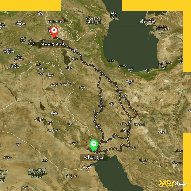 مسافت و فاصله سیه چشمه - آذربایجان غربی تا مرز چذابه - استان خوزستان از ۳ مسیر - اردیبهشت ۱۴۰۳