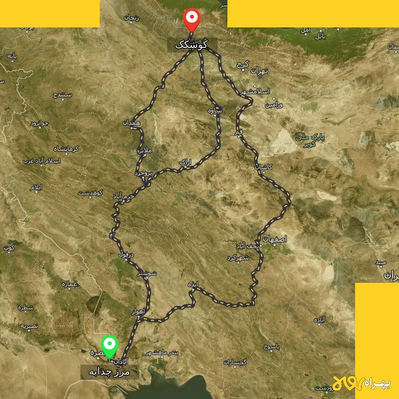 مسافت و فاصله کوشکک - قزوین تا مرز چذابه - استان خوزستان از ۳ مسیر - اردیبهشت ۱۴۰۳