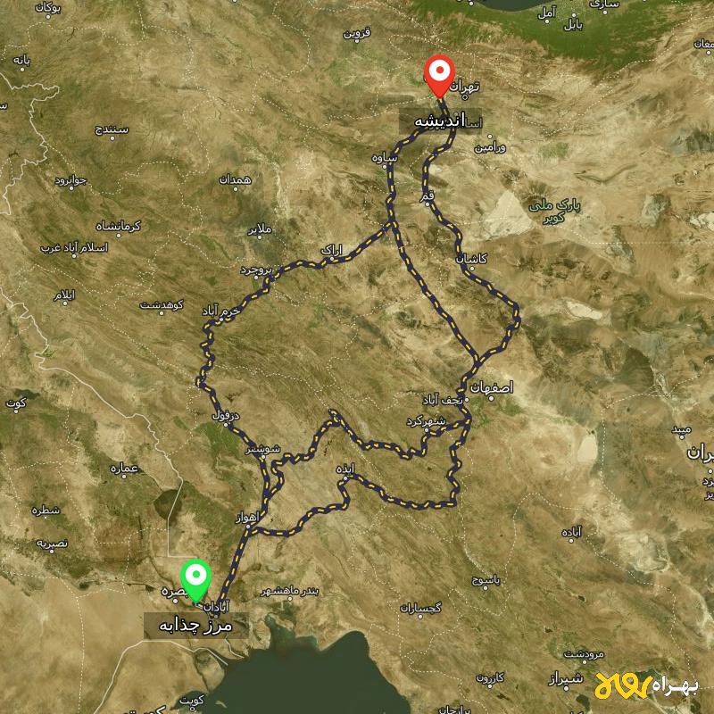 مسافت و فاصله اندیشه تا مرز چذابه - استان خوزستان از ۳ مسیر - بهمن ۱۴۰۳