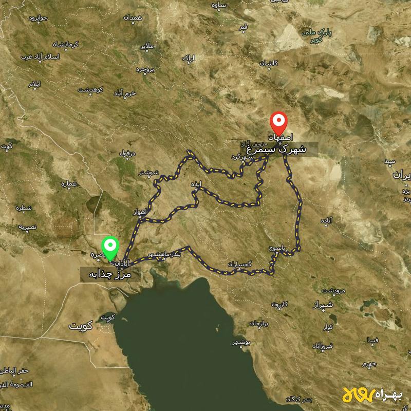 مسافت و فاصله شهرک سیمرغ - اصفهان تا مرز چذابه - استان خوزستان از ۳ مسیر - شهریور ۱۴۰۳