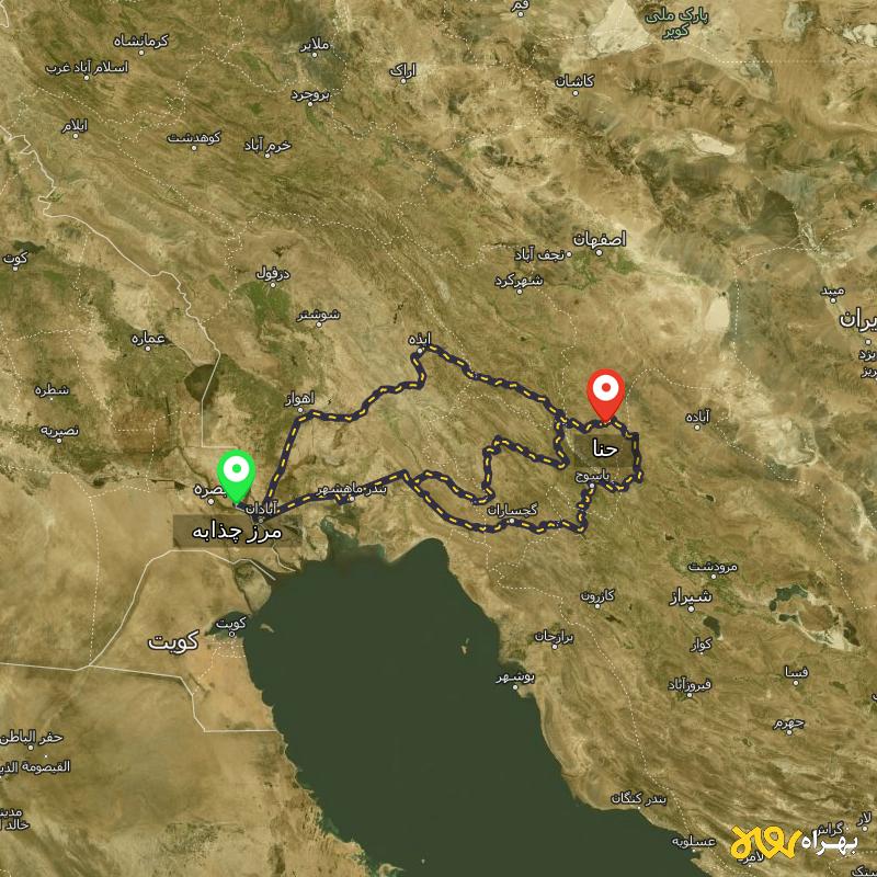 مسافت و فاصله حنا - اصفهان تا مرز چذابه - استان خوزستان از ۳ مسیر - اردیبهشت ۱۴۰۳