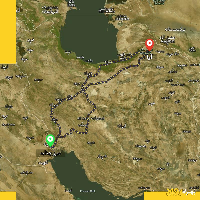 مسافت و فاصله آوا - خراسان شمالی تا مرز چذابه - استان خوزستان از ۳ مسیر - اردیبهشت ۱۴۰۳