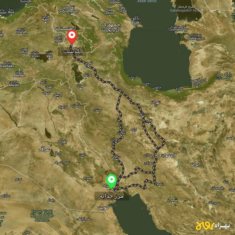 مسافت و فاصله پلدشت - آذربایجان غربی تا مرز چذابه - استان خوزستان از ۳ مسیر - اردیبهشت ۱۴۰۳